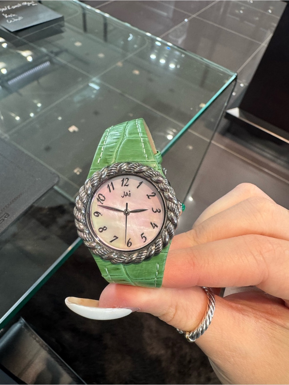New JAI Silver Braided Cable Bezel MOP Tone Watch w/ green strap